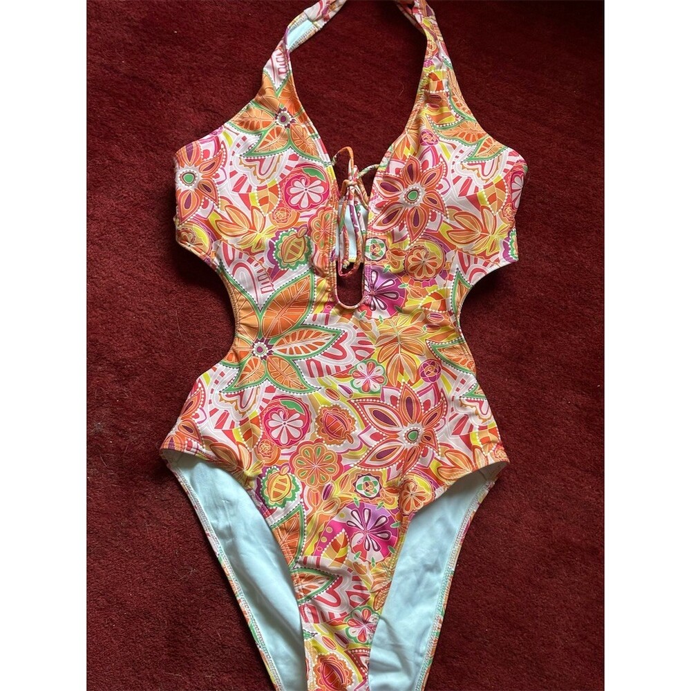 CUPSHE One Piece Swimsuit Womens Size 7 Retro Floral Cutout Halter Tie